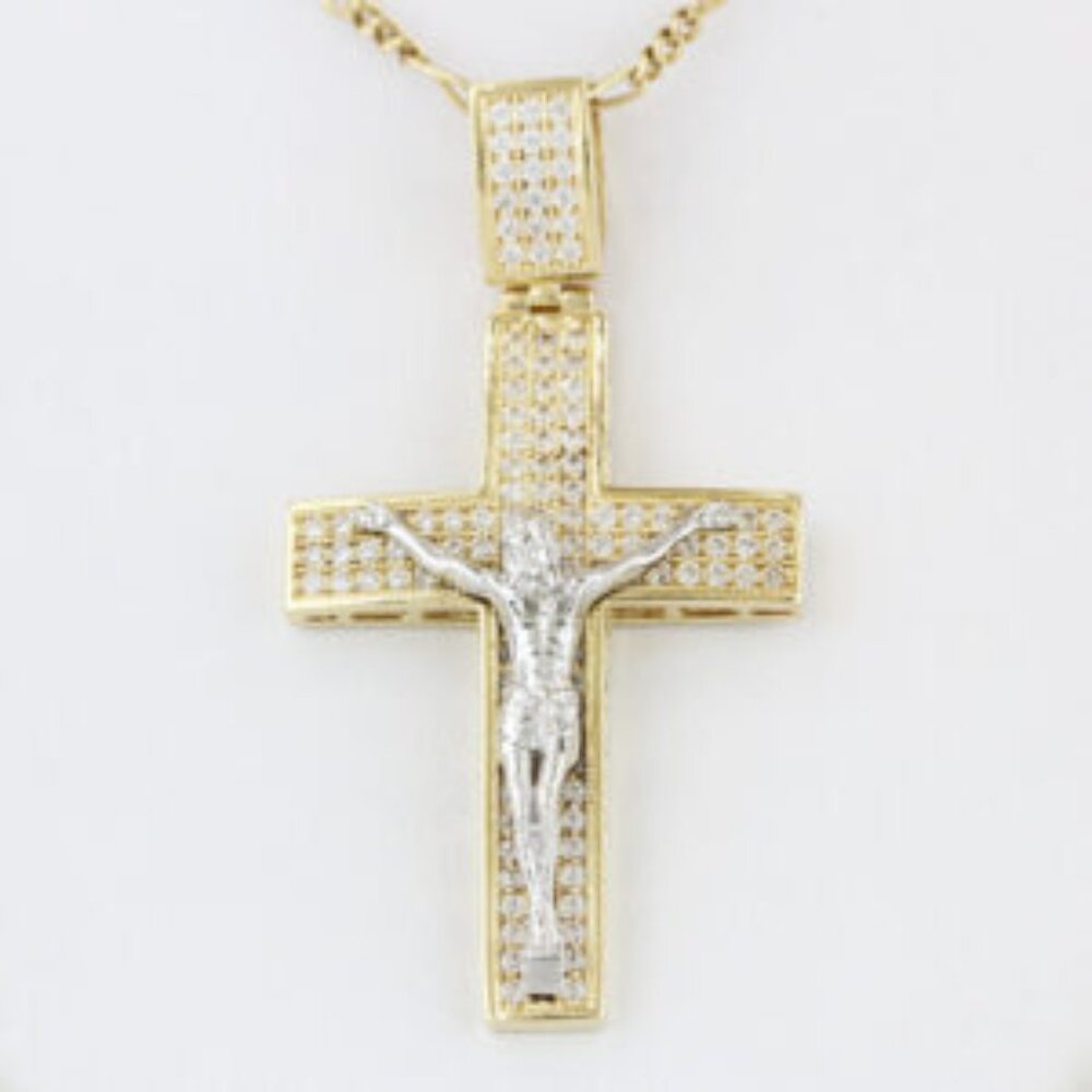 14K Yellow Gold Cubic Zirconia CZ Crucifix Jesus Christ Religious Pendant